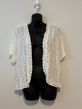 Ellen Weaver Summer Hollow Out Open Front Knit Short Sleeve Cropped Cardigan